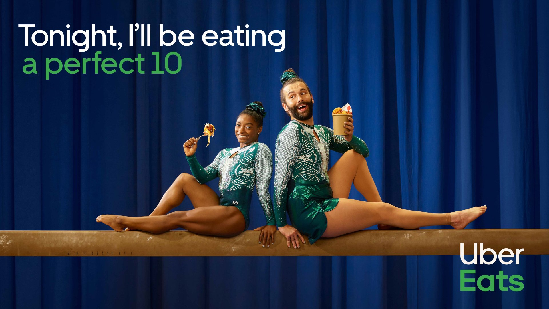Simone Biles and Jonathan Van Ness twinning and tumbling in Uber Eats ads will be the highlight of your week