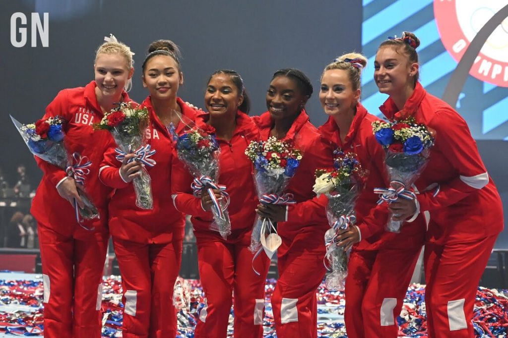 The U.S. women's gymnastics team for the Tokyo 2020 Olympic Games: (left to right) Jade Carey (specialist), Sunisa Lee, Jordan Chiles, Simone Biles, MyKayla Skinner (specialist), and Grace McCallum.