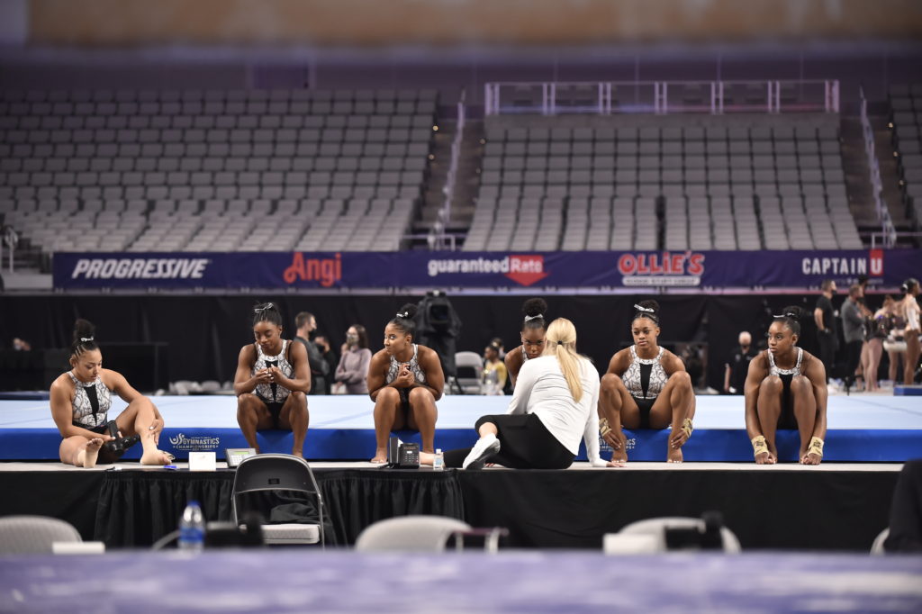 World Champions Centre's senior elites during warmups on night two of the 2021 U.S. Gymnastics Championships.