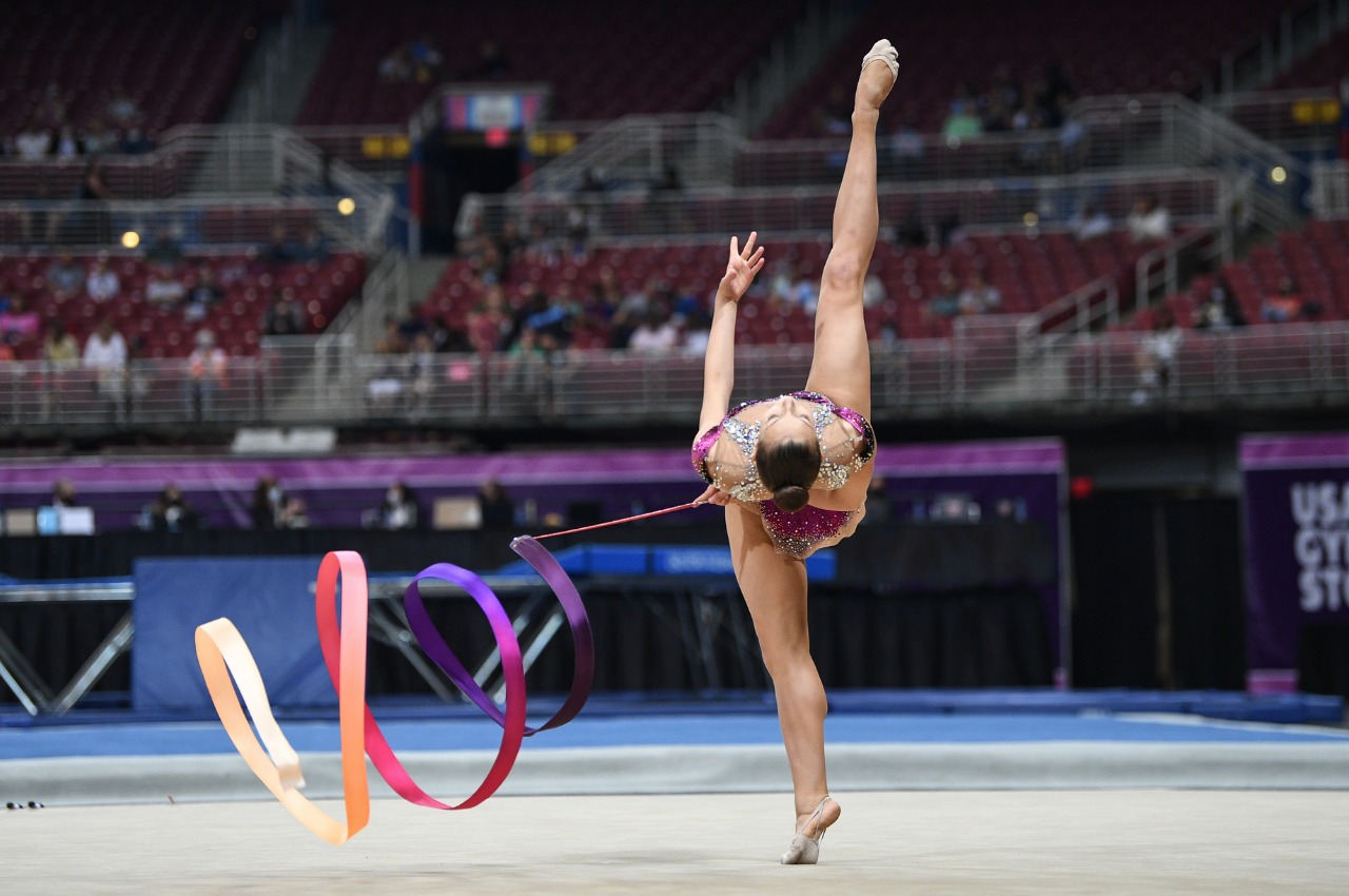 Evita Griskenas performs her ribbon routine at the 2021 USA Gymnastics Championships.