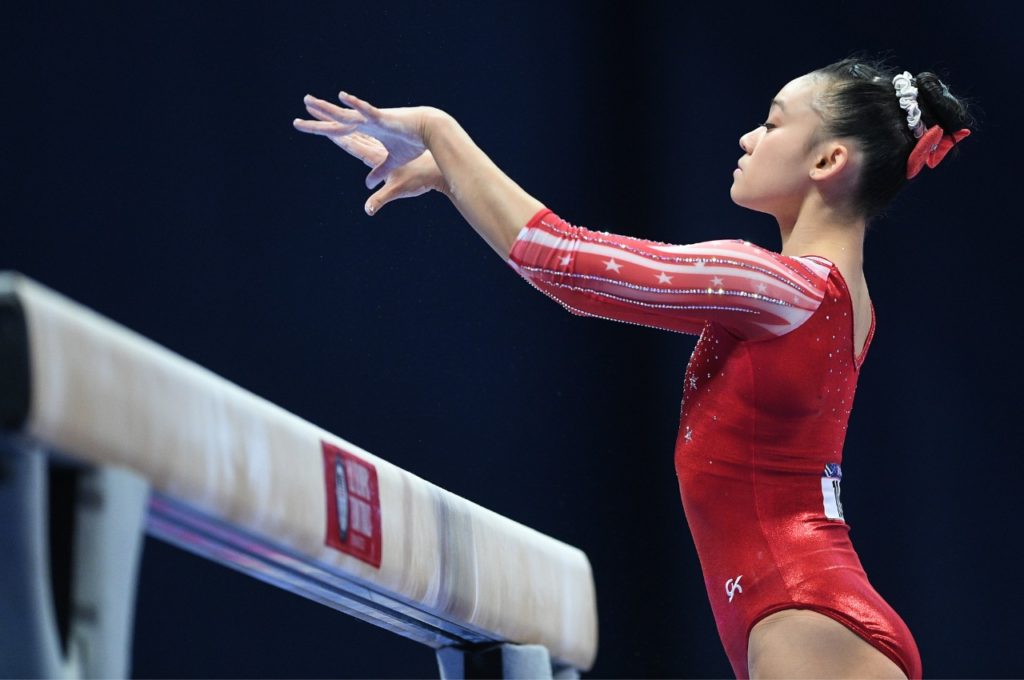 Leanne Wong prepares to mount the balance beam at the 2021 U.S. Olympic Trials - Gymnastics