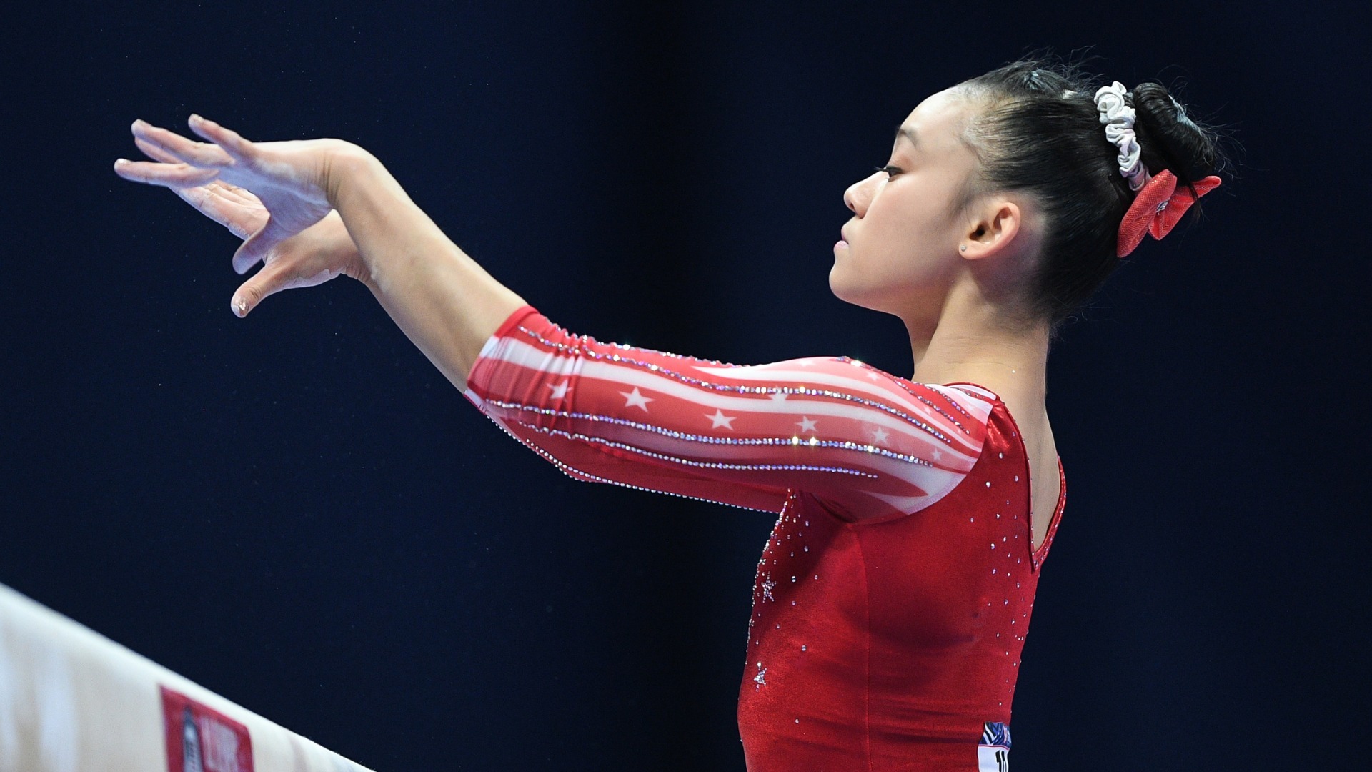 Leanne Wong prepares to compete on beam at the 2021 U.S. Olympic Trials.