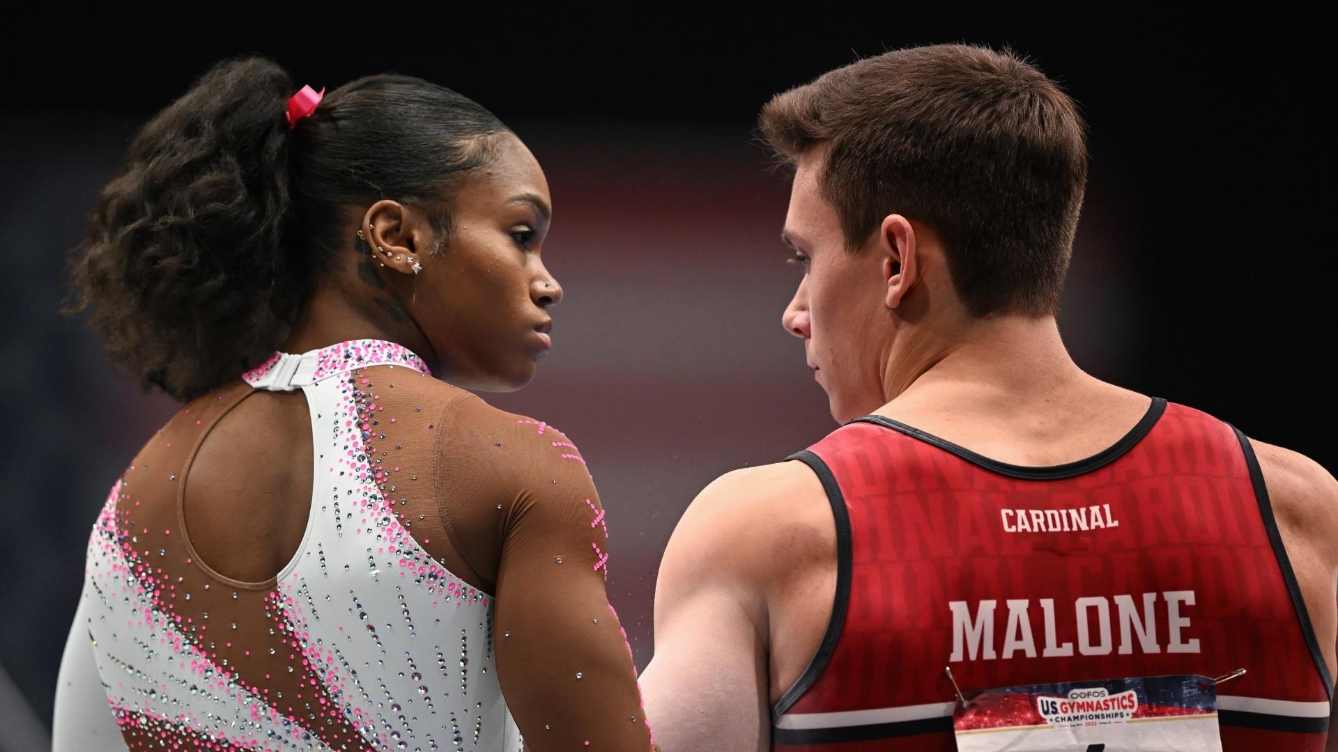 Shilese Jones (left) and Brody Malone (right) at the 2022 OOFOS U.S. Gymnastics Championships in Tampa, Florida.