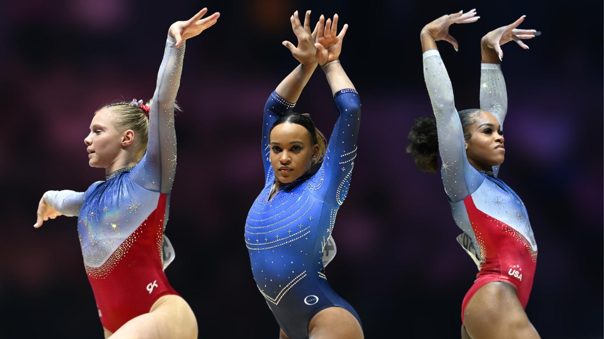 Brazil's Rebeca Andrade (center), USA's Shilese Jones (right), and USA's Jade Carey (left) were the top 3 qualifiers to the women's all-around final at the 2022 World Gymnastics Championships.
