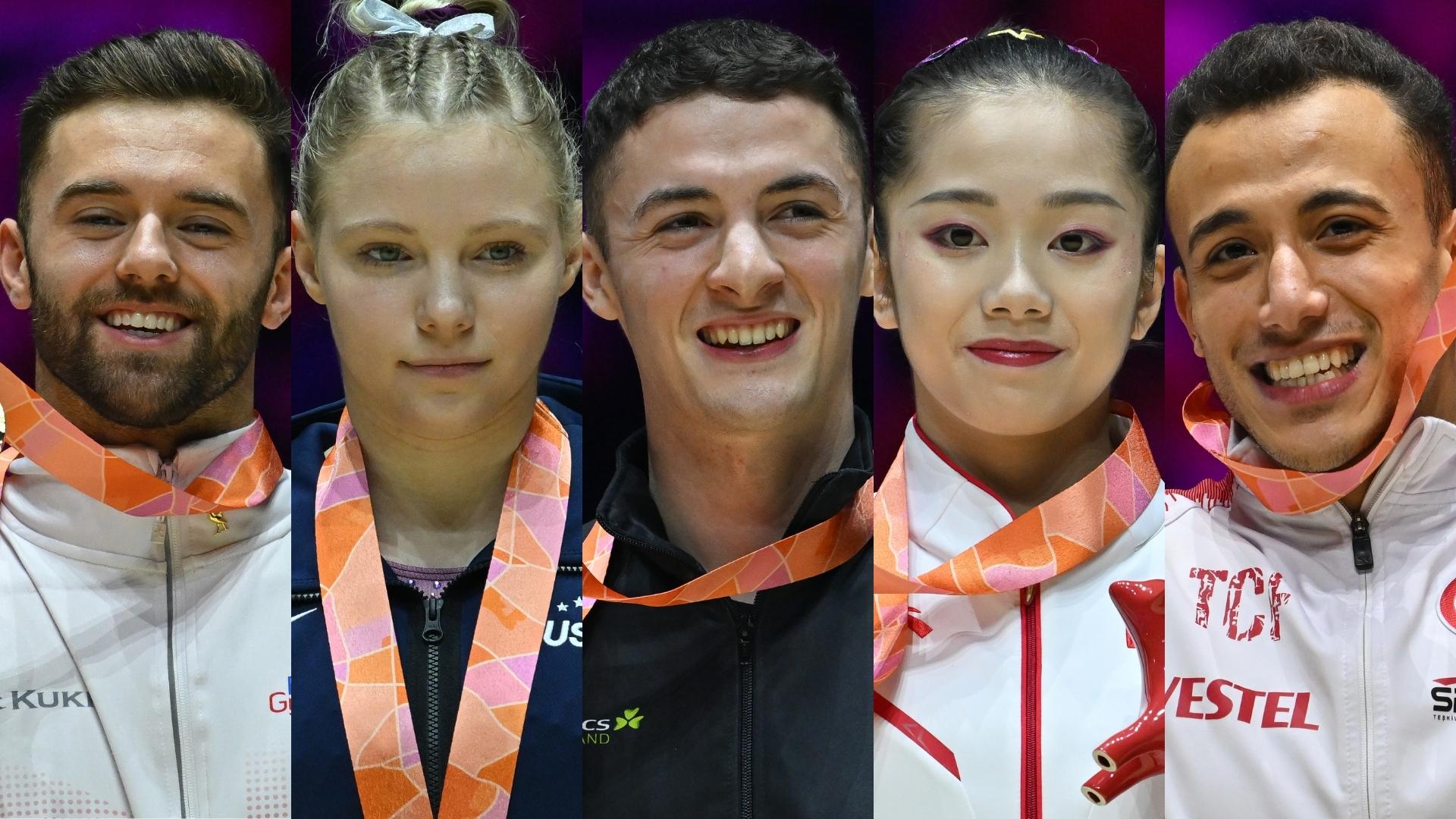 Five world champions were crowned on Saturday during Day 1 of Event Finals at the 2022 World Gymnastics Championships. From left to right: floor champion Giarnni Regini-Moran, vault champion Jade Carey, pommel horse champion Rhys McClenaghan, uneven bars champion Xiaoyuan Wei, and still rings champion Adem Asil.
