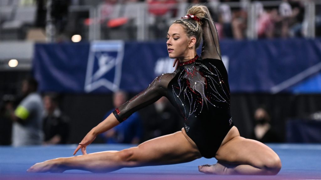 Utah's Jaylene Gilstrap competes on floor during the semifinals of the 2022 NCAA Women's Gymnastics Championships.
