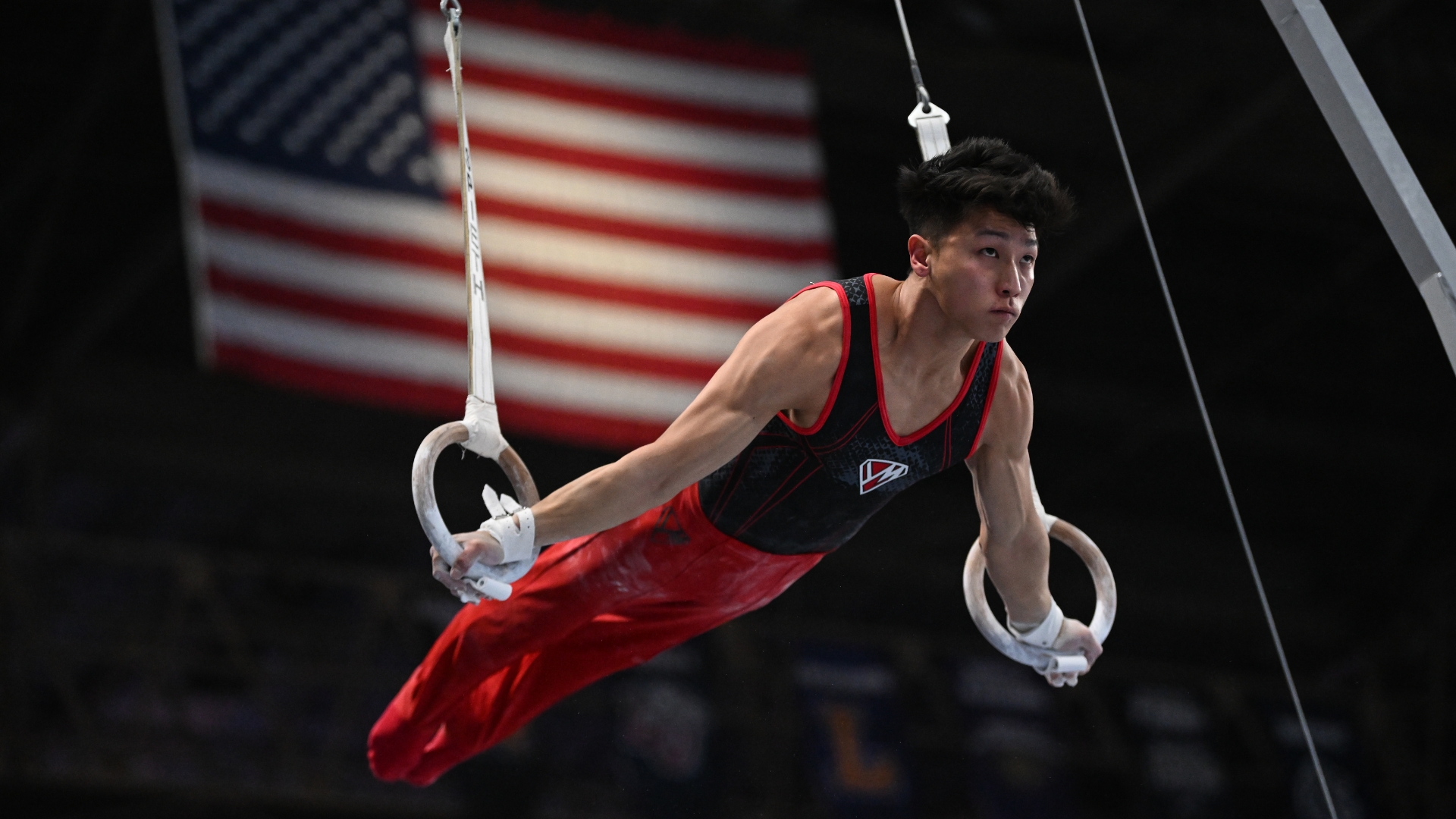 5280's Yul Moldauer competes on rings during Day 1 of the 2023 Winter Cup on Feb. 24.