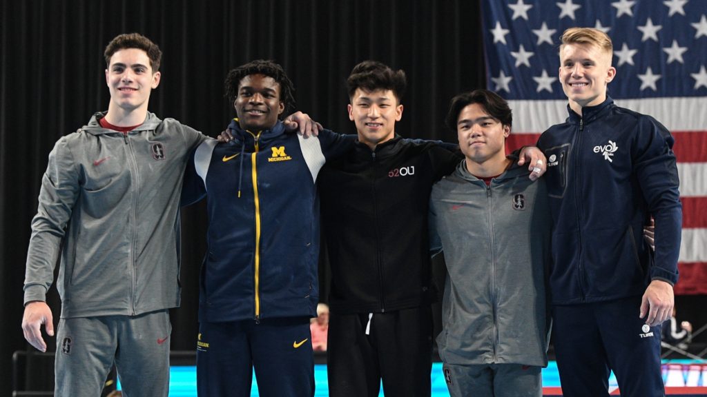 The top 5 all-arounders at the 2023 Winter Cup from left to right: Ian Lasic-Ellis, Fred Richard, Yul Moldauer, Asher Hong, and Shane Wiskus.