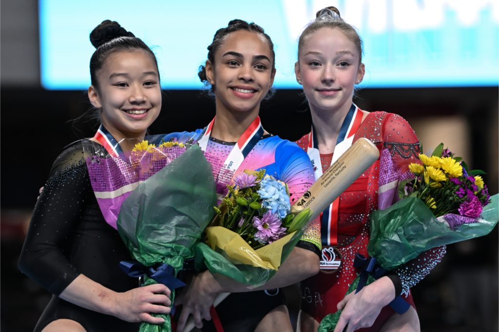 The 2023 Winter Cup junior women's all-around podium, from left to right: Jayla Hang (Pacific Reign), Hezly Rivera (WOGA), and Kieryn Finnell (RGA).