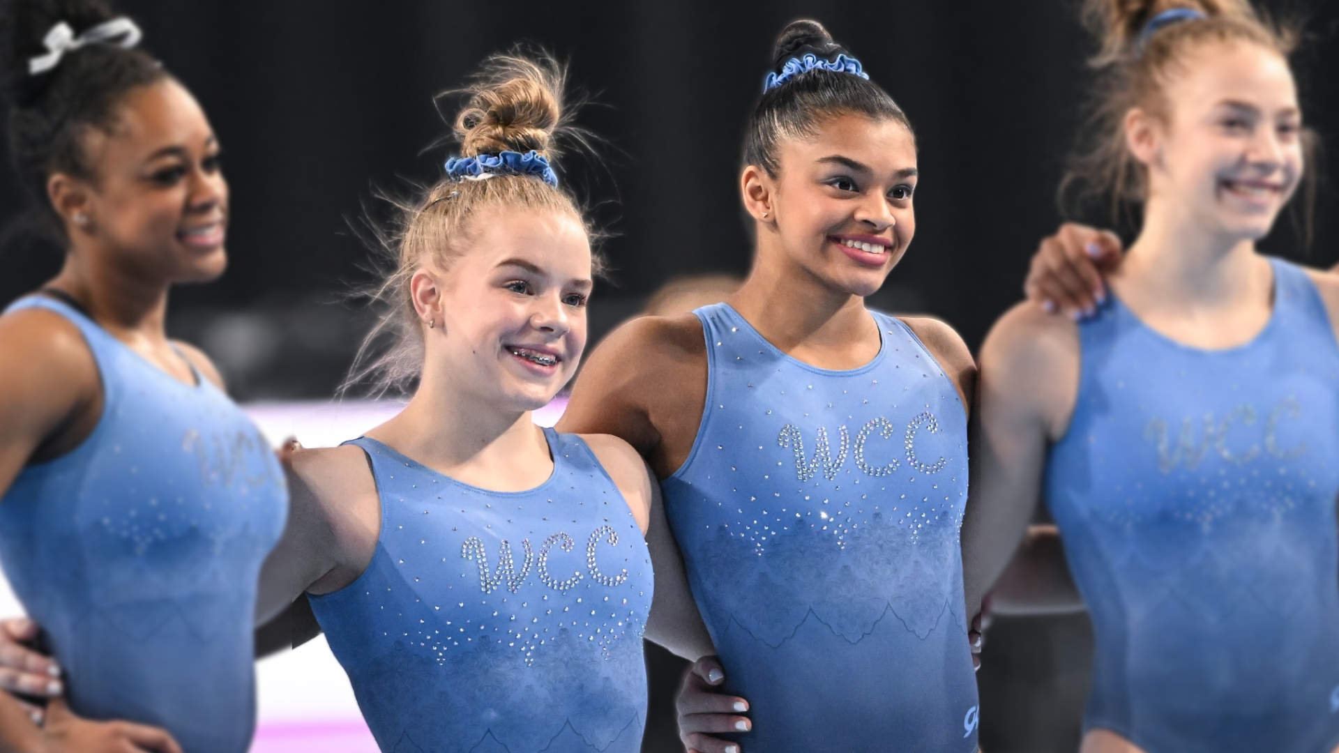 Joscelyn Roberson (left) and Tiana Sumanasekera (right) with their World Champions Centre teammates during 2023 Winter Cup podium training on Feb. 24.