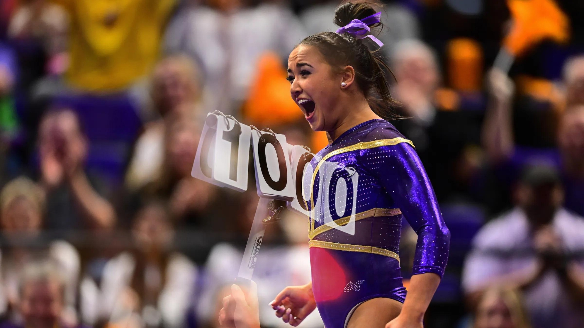 LSU's Aleah Finnegan reacts to receiving a perfect 10 on floor against Georgia on February 3, 2023.