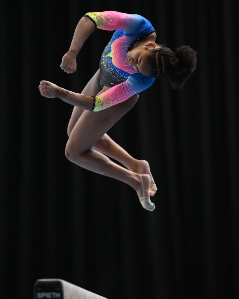 WOGA's Skye Blakely competes on beam during the senior women's competition at the 2023 Winter Cup in Louisville, Kentucky, on Feb. 25.