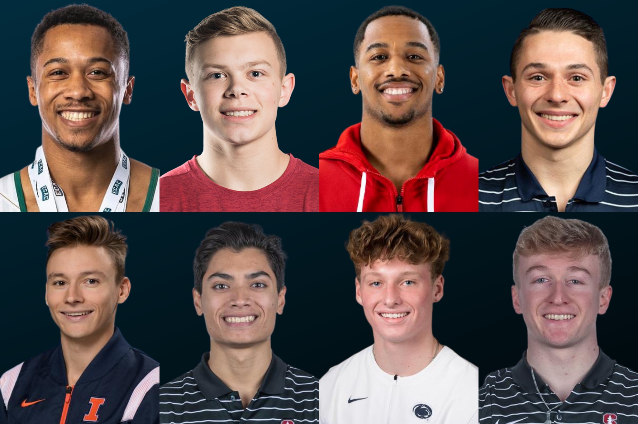 The 2023 Nissen-Emery Award finalists are (top - left to right) Christian Marsh, Spencer Goodell, Donte McKinney, Paul Juda, (bottom - left to right) Ian Skirkey, Brandon Briones, Chase Clingman, and Riley Loos.