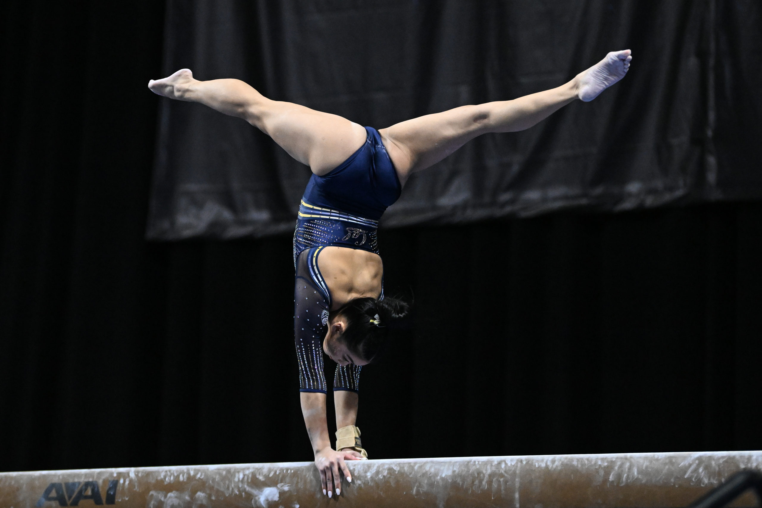 Cal's Mya Lauzon competes on beam during the 2023 Super 16 meet in Las Vegas.