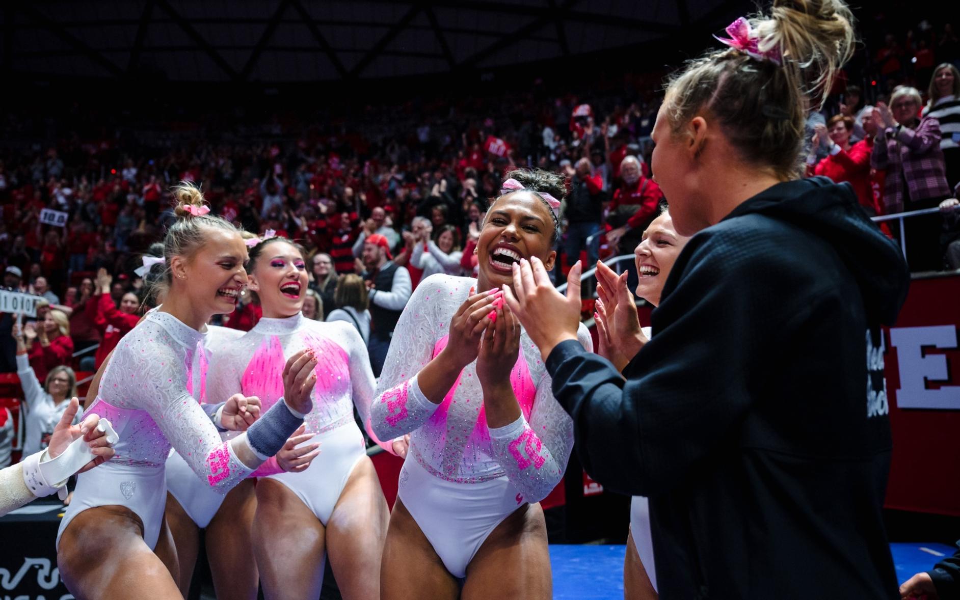 Utah's Jaedyn Rucker reacts after earning her first-career perfect 10 on vault.