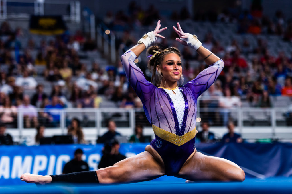 LSU's KJ Johnson in her ending pose on floor during the first semifinal of the 2023 NCAA Women's Gymnastics Championships.