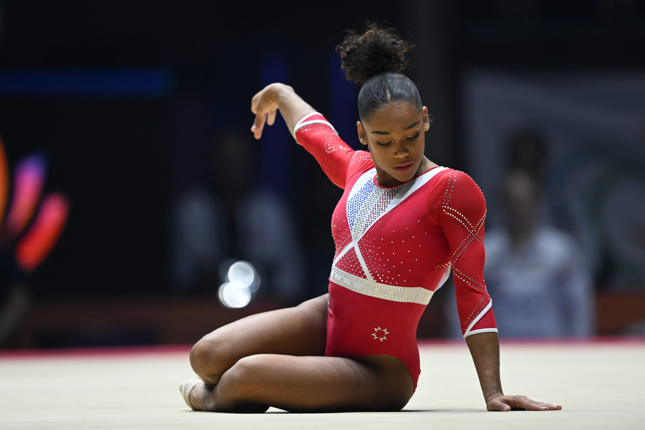 Melanie de Jesus dos Santos competes on floor during the women’s team final at the 2023 Artistic Gymnastics World Championships.