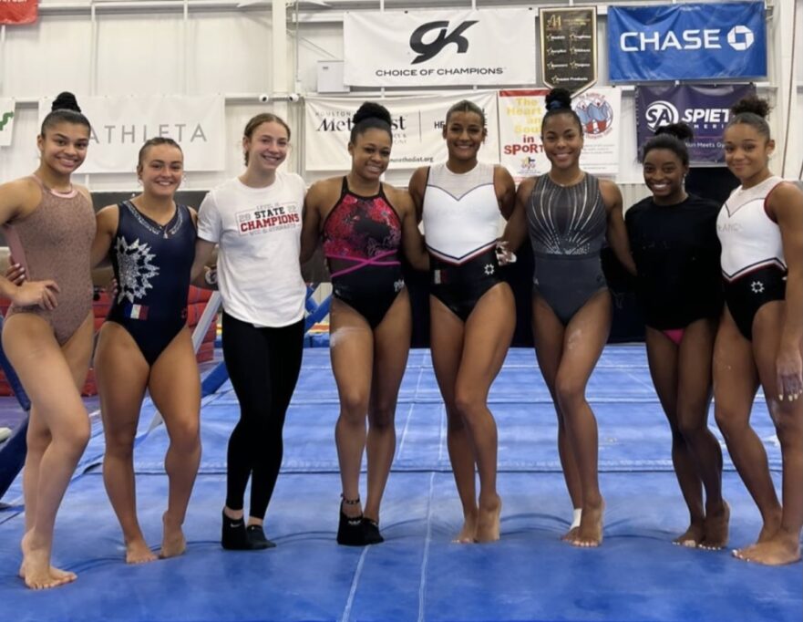 Simone Biles (second from the right) in April with her World Champions Centre teammates and visiting French gymnasts.
