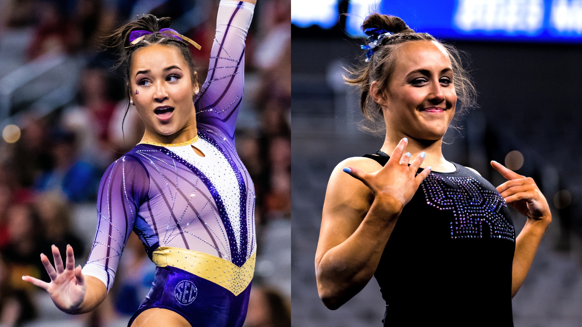 LSU's Aleah Finnegan and Kentucky's Raena Worley at the 2023 NCAA Women's Gymnastics Championships.