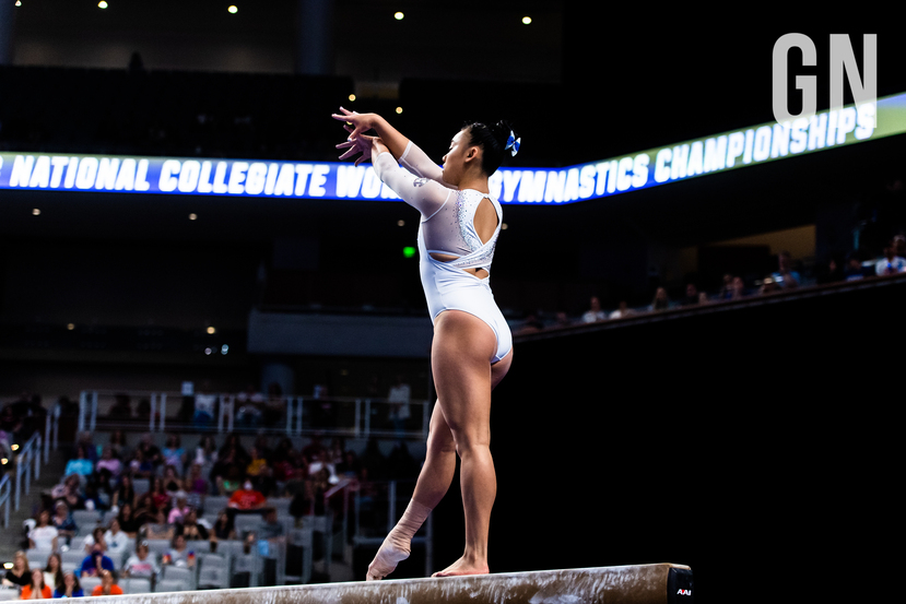 Leanne Wong competes on beam during the 2023 NCAA Women's Gymnastics Championships Four on the Floor.