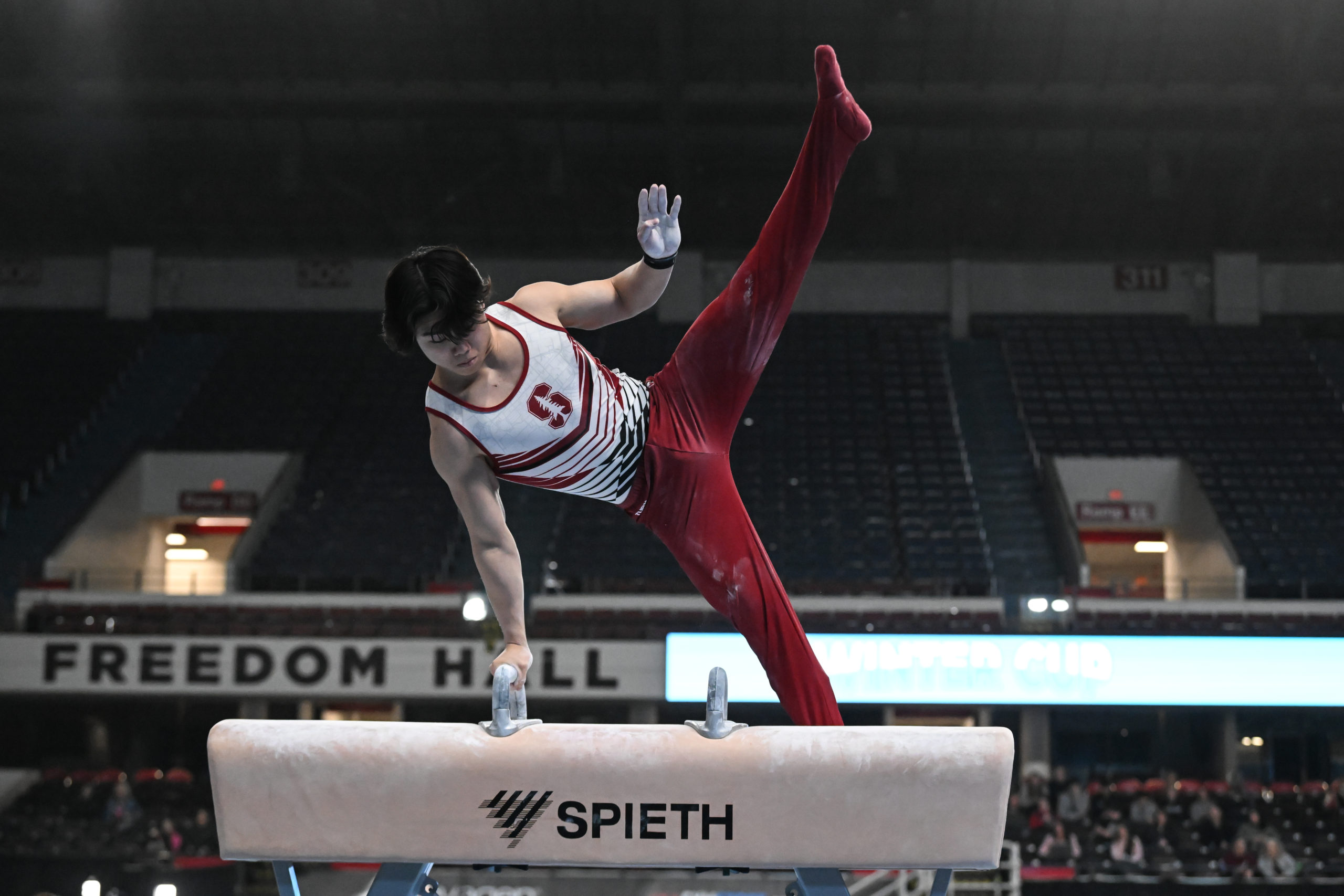 Stanford's Asher Hong competes on pommel horse during the 2023 Winter Cup.