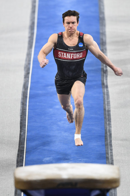 Brody Malone prepares to vault during the 2022 NCAA Men's Gymnastics Championships – what would be the last championship appearance of his college career.