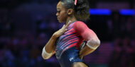 Shilese Jones in her starting position on floor during the women's all-around final at the 2022 World Gymnastics Championships.