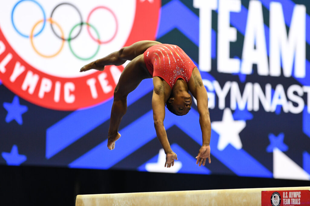 Simone Biles competes on balance beam during the 2021 U.S. Gymnastics Olympic Trials.