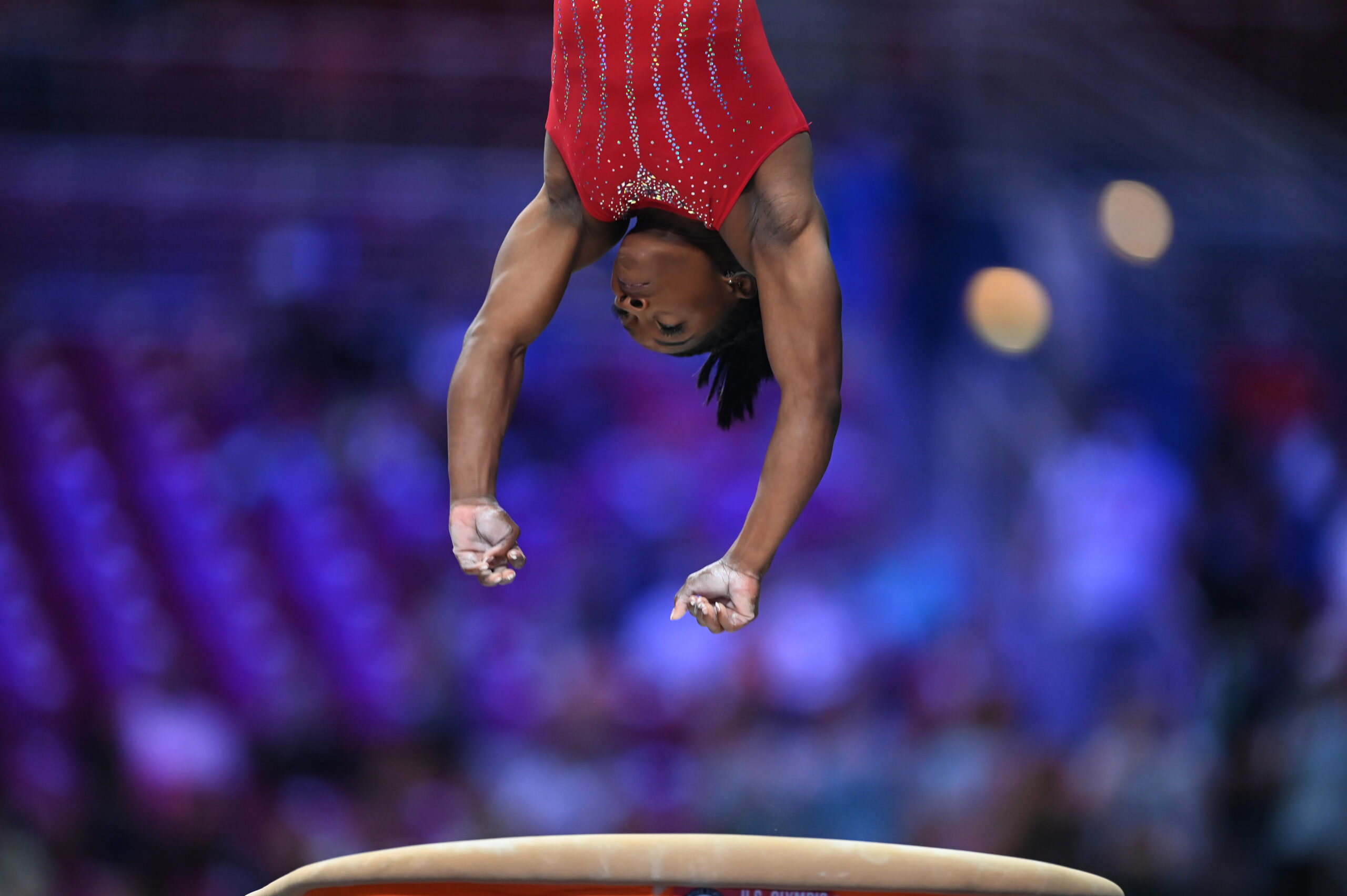 Simone Biles on vault during training before Day 2 of the 2021 U.S. Gymnastics Olympic Trials.