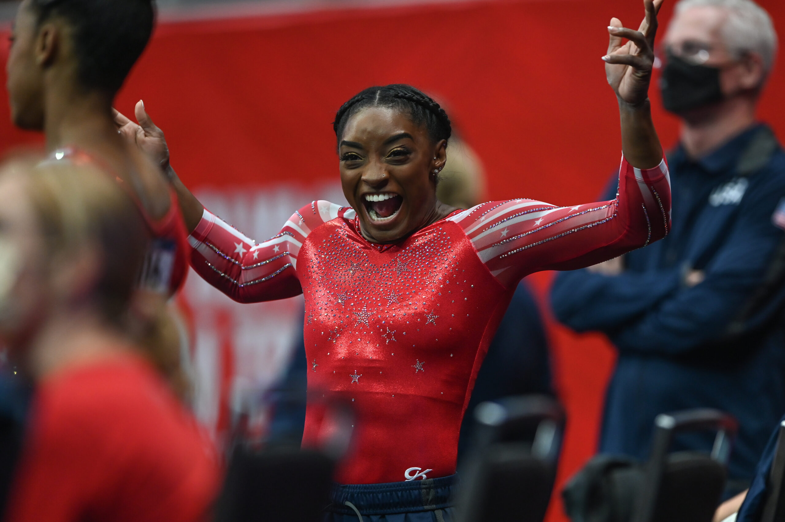 Simone Biles reacts during Day 2 of the 2021 U.S. Gymnastics Olympic Trials.