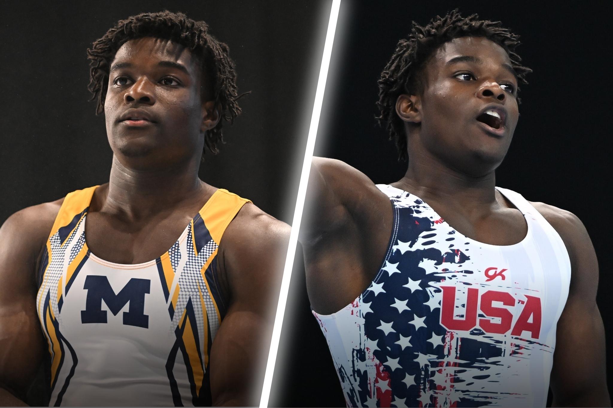 Fred Richard in his Michigan uniform at the 2023 Winter Cup and in his USA uniform at the 2022 Pan American Championships.