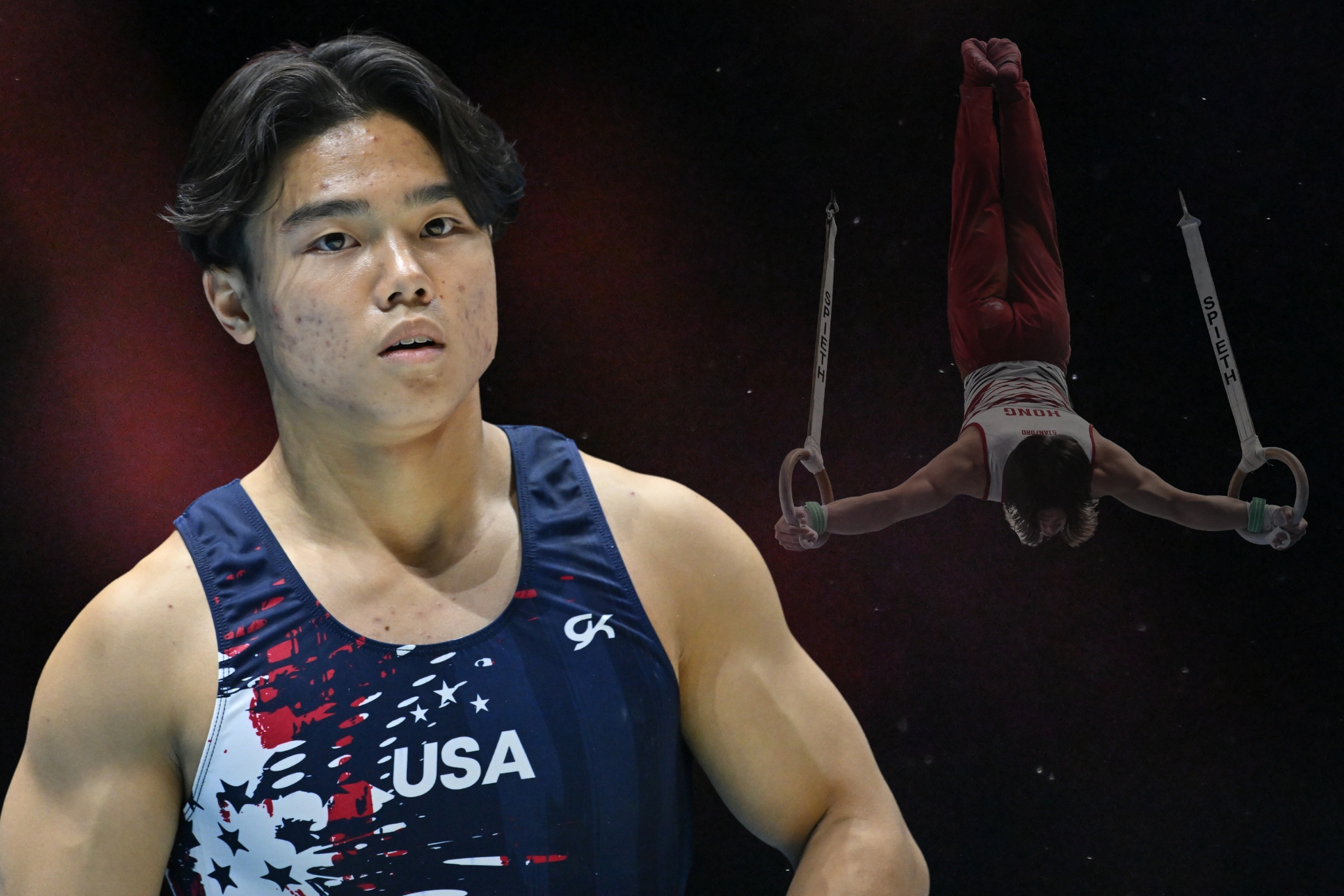 Asher Hong during the 2022 World Gymnastics Championships men's all-around final (left) and competing rings during the 2023 Winter Cup (right).