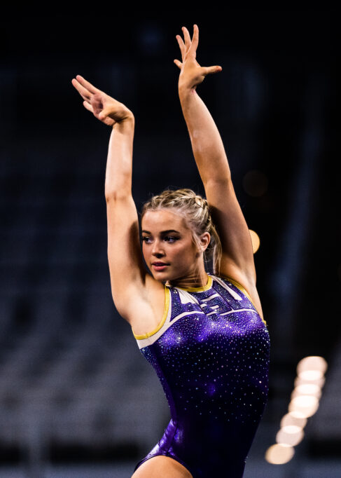 Olivia Dunne trains ahead of Semifinal 1 of the 2023 NCAA Women's Gymnastics Championships.
