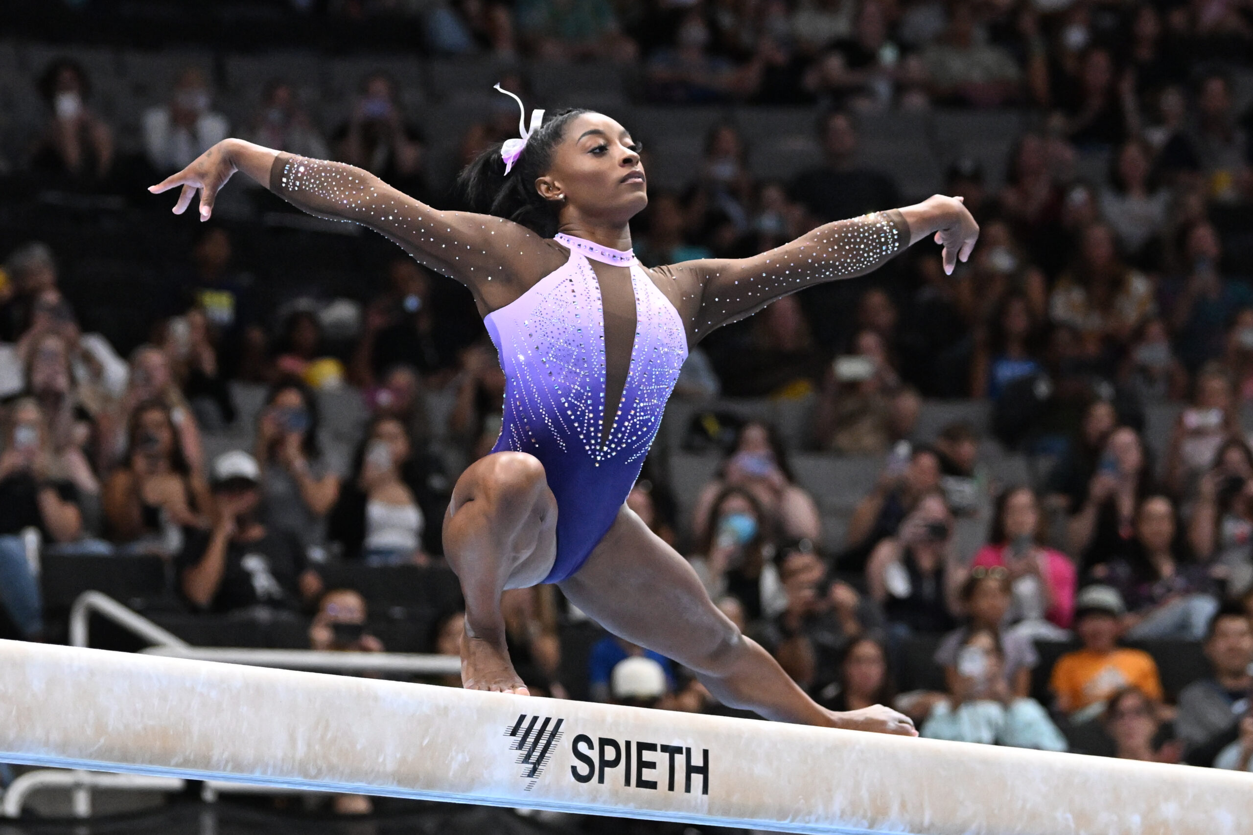 Simone Biles on beam during Day 1 of senior women's competition at the 2023 Xfinity U.S. Gymnastics Championships.