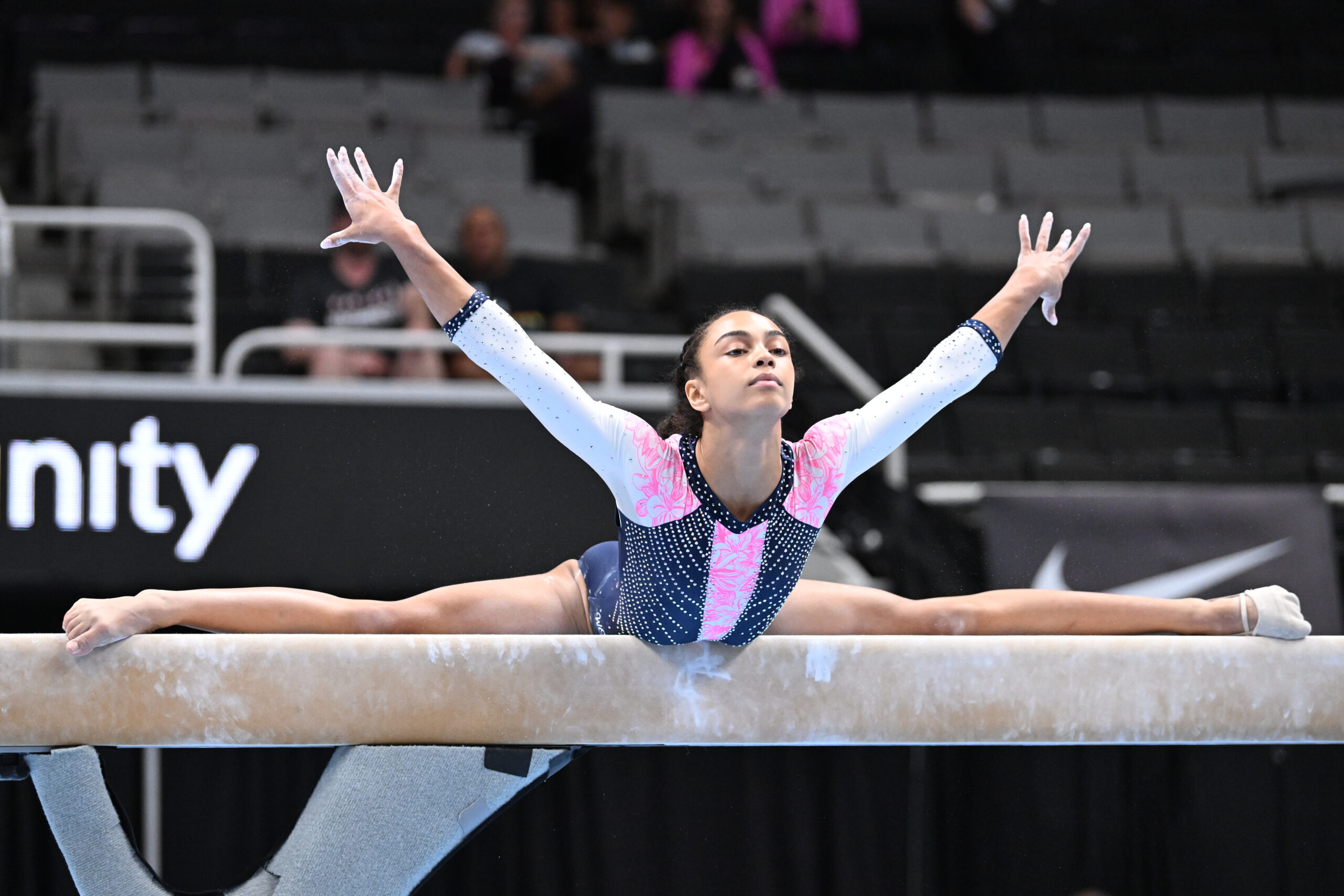 Hezly Rivera mounts beam on Day 1 of junior women's competition at the 2023 Xfinity U.S. Gymnastics Championships.