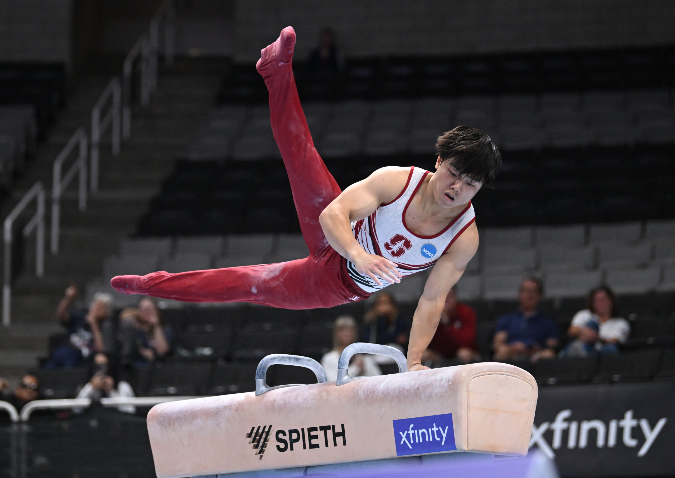 Asher Hong swings pommel horse on Day 1 of the 2023 Xfinity U.S. Gymnastics Championships.