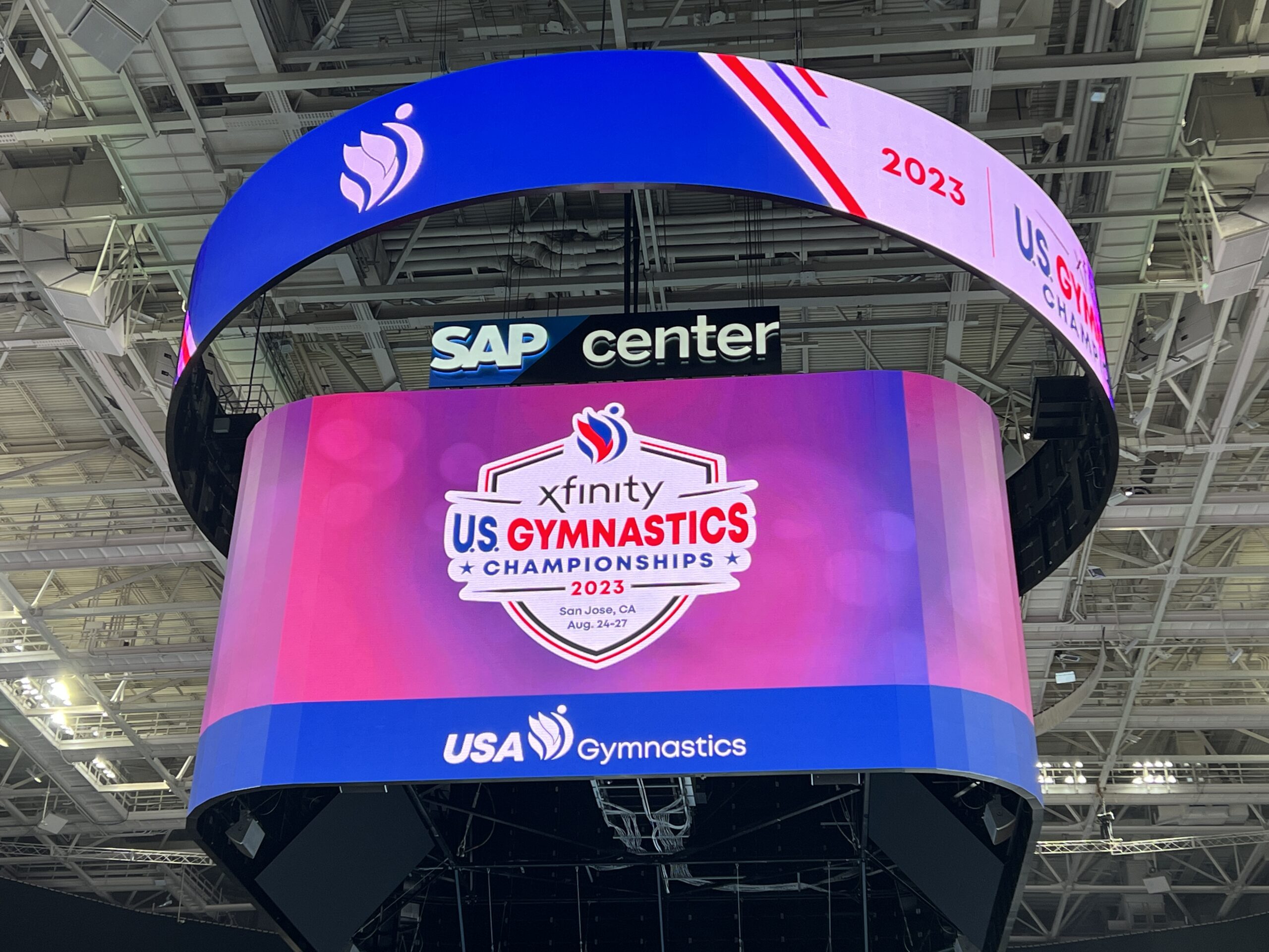 The 2023 Xfinity U.S. Gymnastics Championships logo under the SAP Center logo.