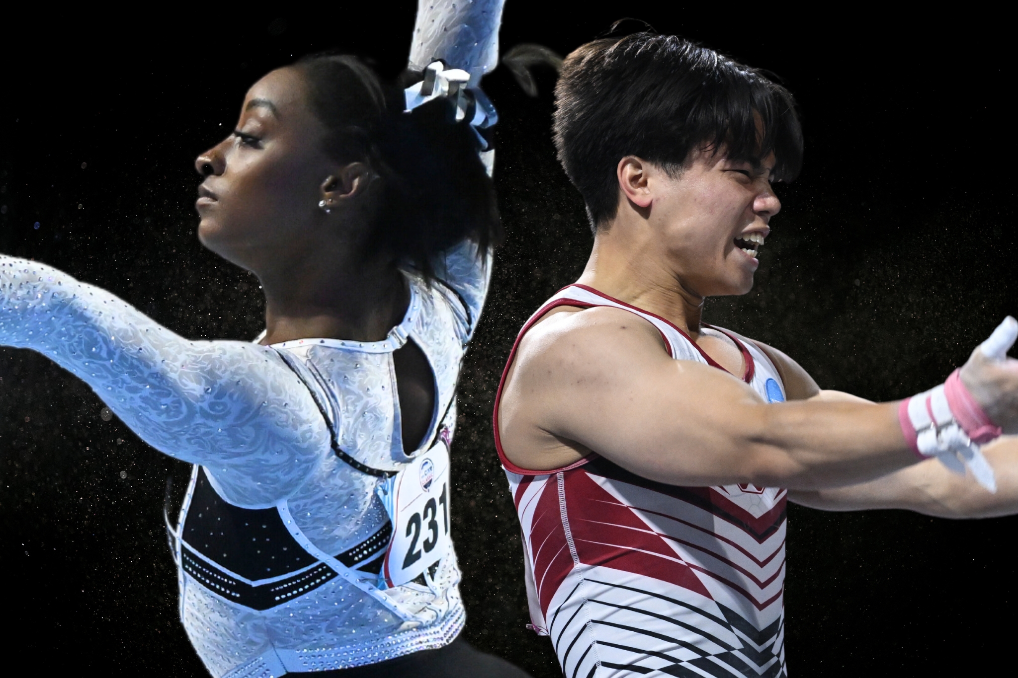 Simone Biles (left) and Asher Hong (right) headline the field for the 2023 Xfinity U.S. Gymnastics Championships after winning the senior titles at the Core Hydration Classic in early August.