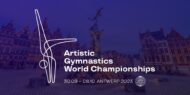 The logo of the 2023 World Artistic Gymnastics Championships with Antwerp in the background.