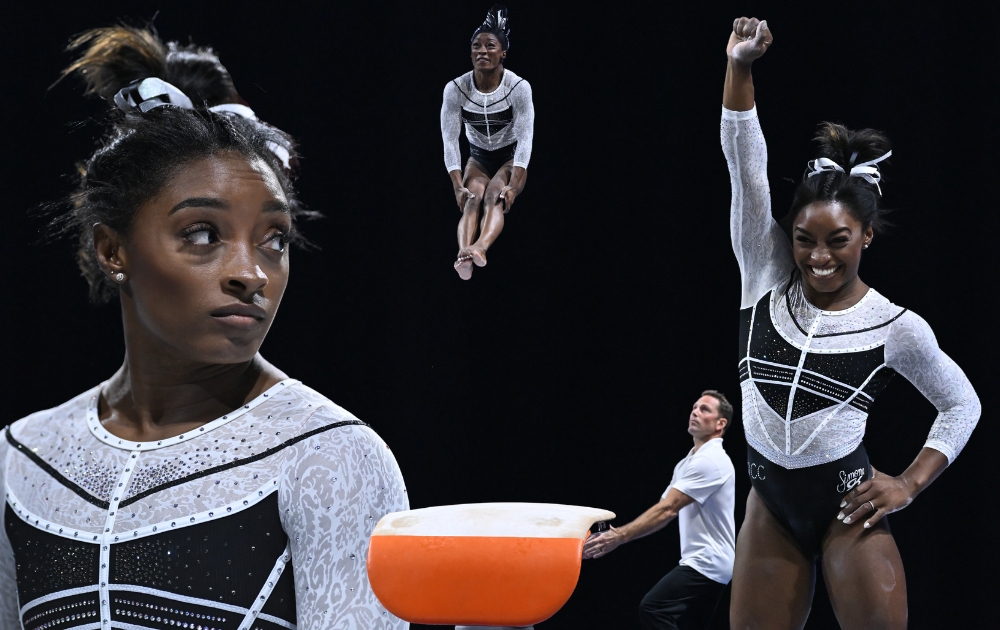 Simone Biles before, during, and after competing the Yurchenko double pike at the 2023 Core Hydration Classic.