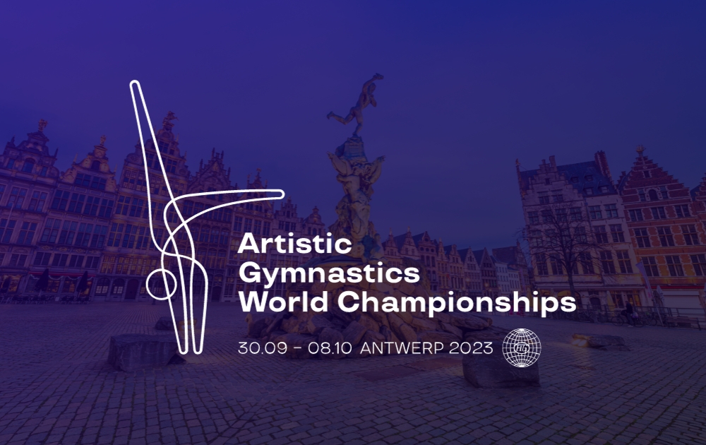 The logo of the 2023 World Artistic Gymnastics Championships with Antwerp in the background.