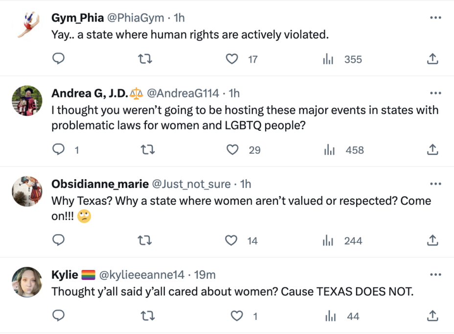 The replies to USA Gymnastics' announcement that the U.S. championships are returning to Texas.