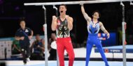 Lukas Dauser (GER) reacts after dismounting during the parallel bars final at the 2023 World Artistic Gymnastics Championships.