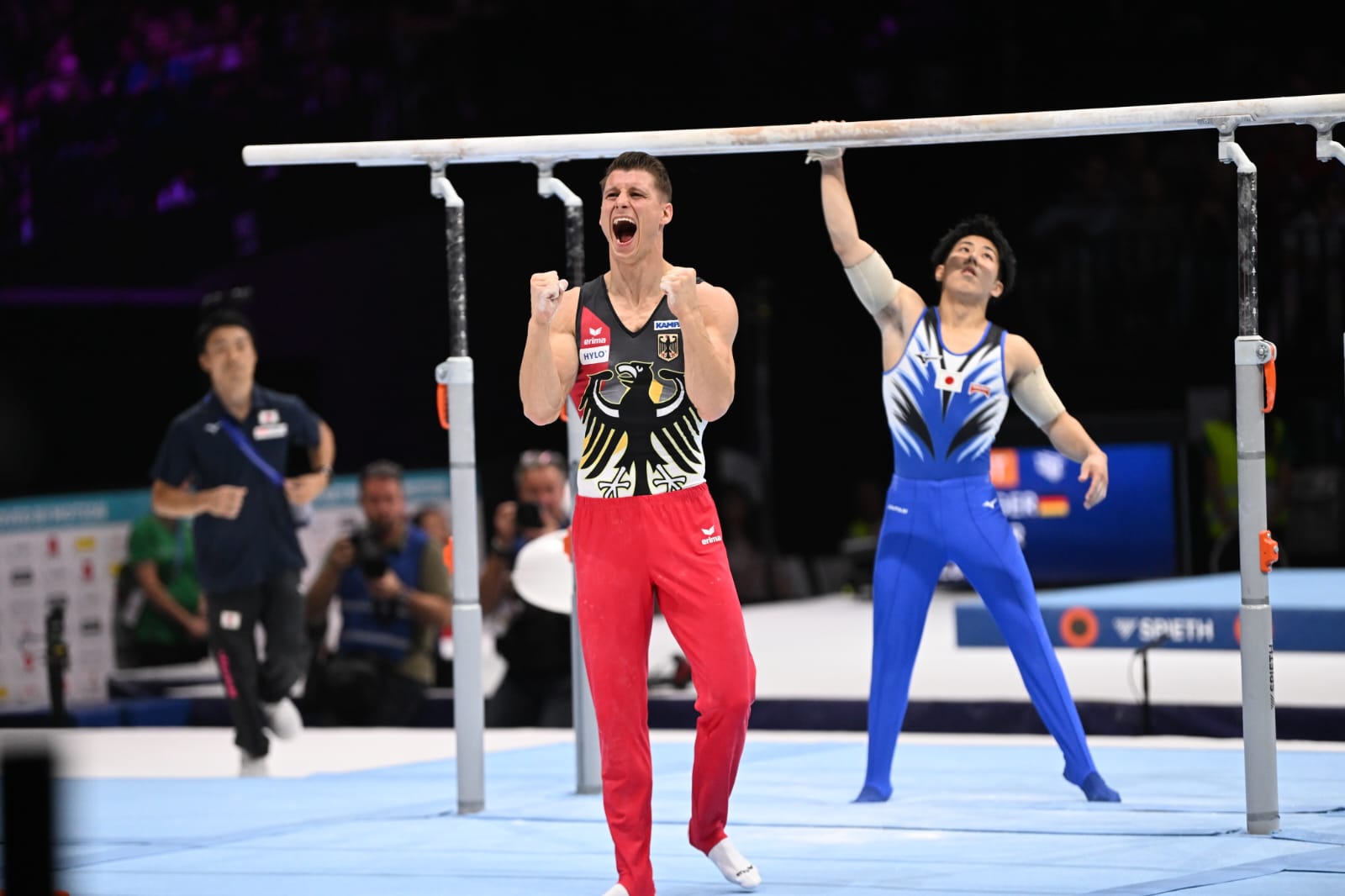 Lukas Dauser (GER) reacts after dismounting during the parallel bars final at the 2023 World Artistic Gymnastics Championships.