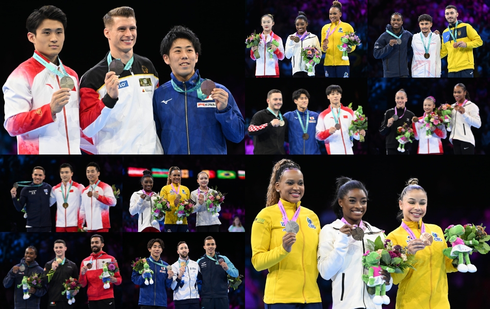 The men's and women's event medalists at the 2023 World Artistic Gymnastics Championships.