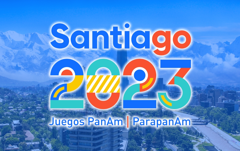 The Santiago 2023 Pan American Games logo with Santiago, Chile in the background.