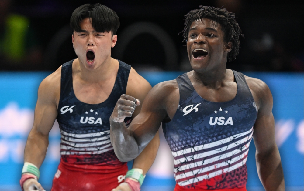 Team USA's Asher Hong (left) and Fred Richard (right) react during the men's team final at the 2023 World Artistic Gymnastics Championships.