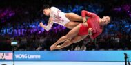 Hungary's Csenge Maria Bacskay (left) and USA's Leanne Wong (right) on vault during Day 1 of event finals at the 2023 World Artistic Gymnastics Championships.