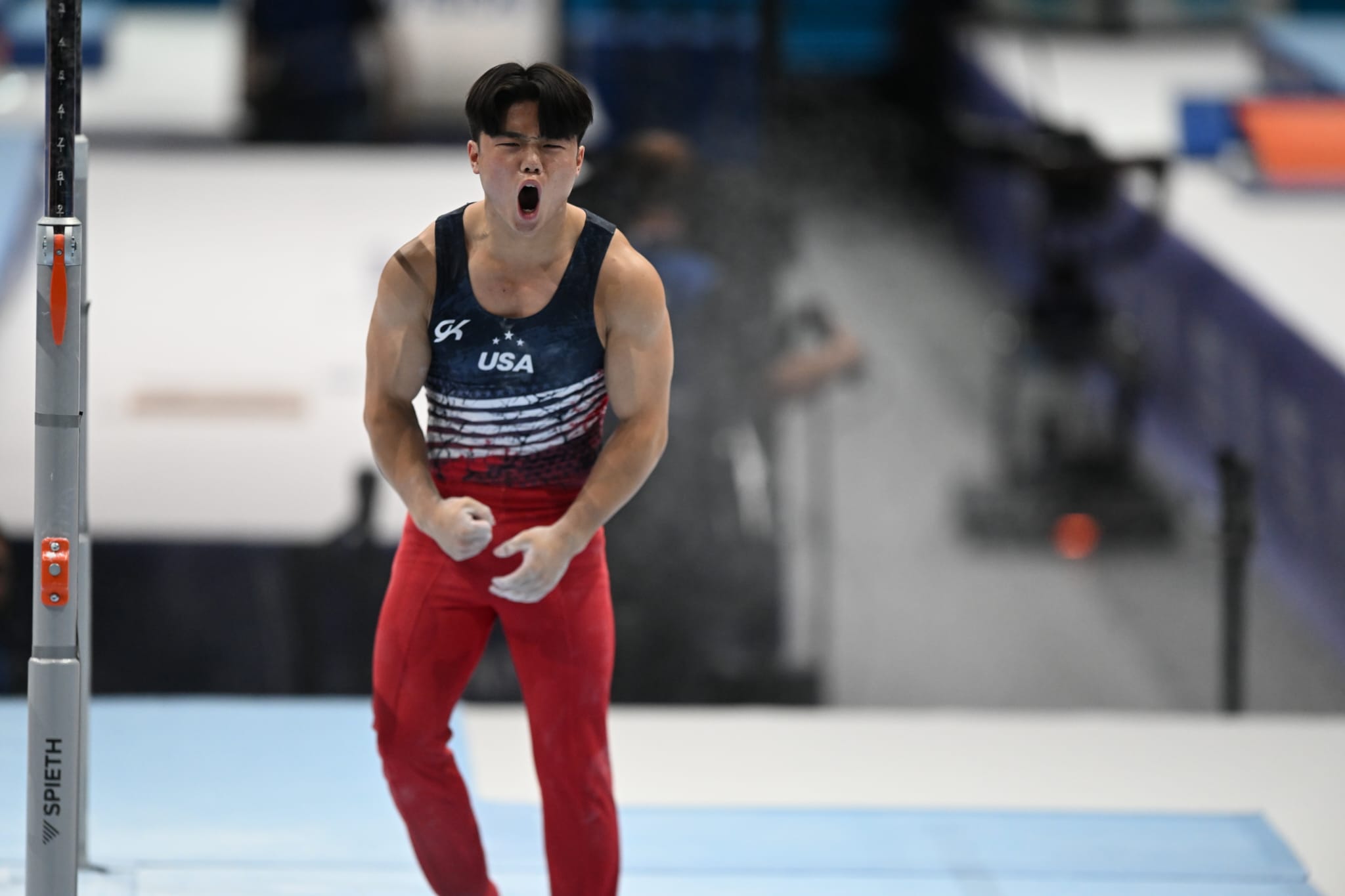 Asher Hong (USA) reacts during the men's team final of the 2023 World Artistic Gymnastics Championships.