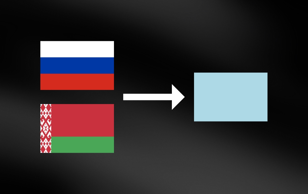 The Russian and Belarusian flags with an arrow pointing to a light blue flag that would be used by any athletes who receive AIN status and are allowed to compete at International Gymnastics Federation (FIG) sanctioned events in 2024.